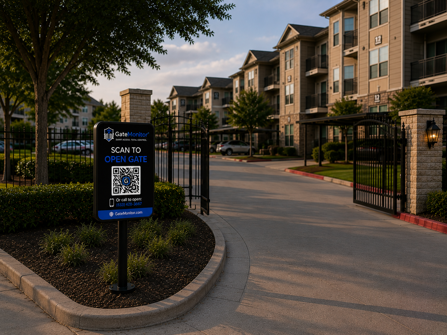 GateMonitor QR sign installed at an apartment community gate entrance, showing the Scan to Open Gate sign with QR code and phone number