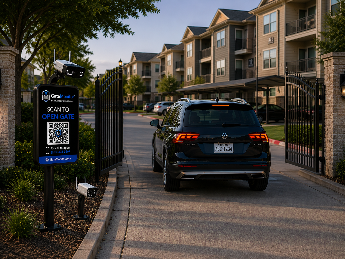 SmartPath + LPR setup showing GateVision S1 camera on top and GateVision P1 LPR camera below on a sign post, with a vehicle approaching the gate