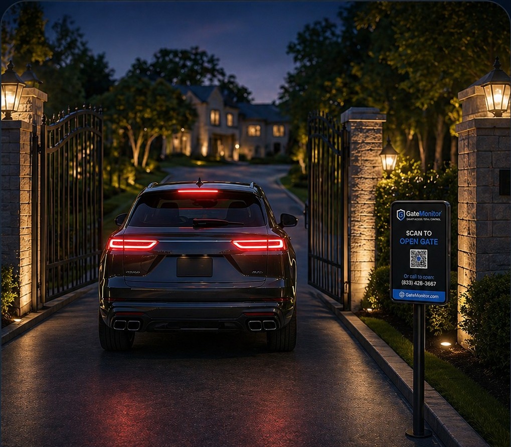 Black metal residential gate opening for an arriving resident — instant trusted-device access