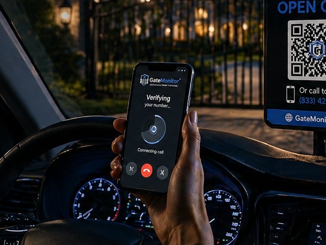 Visitor on a phone call from inside their car at a residential gate, verifying caller-ID