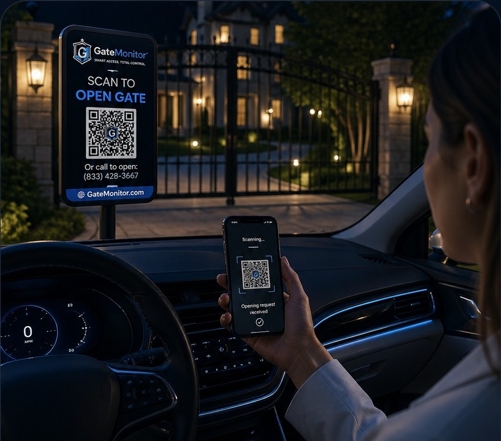 Hand holding a phone scanning a QR code at a residential gate to start an access request