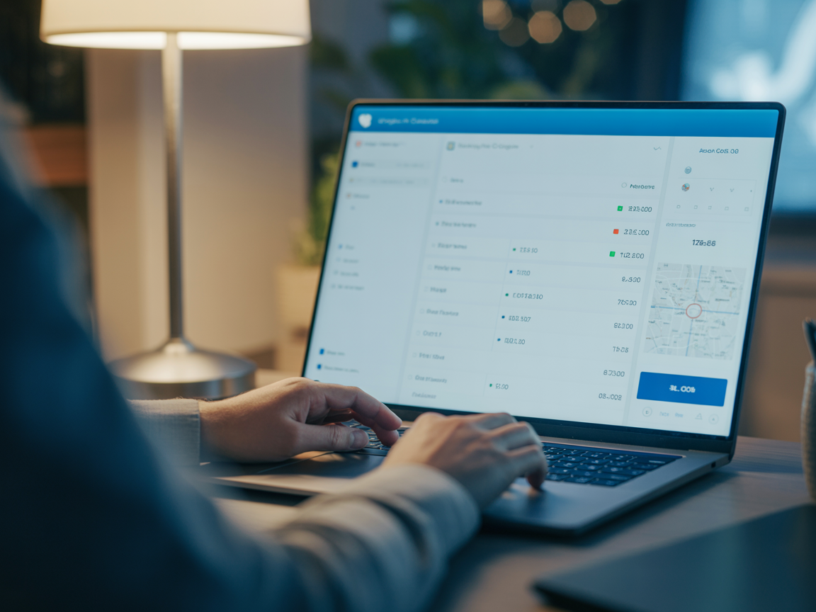 Property manager on a laptop reviewing the GateMonitor admin dashboard with live entry logs