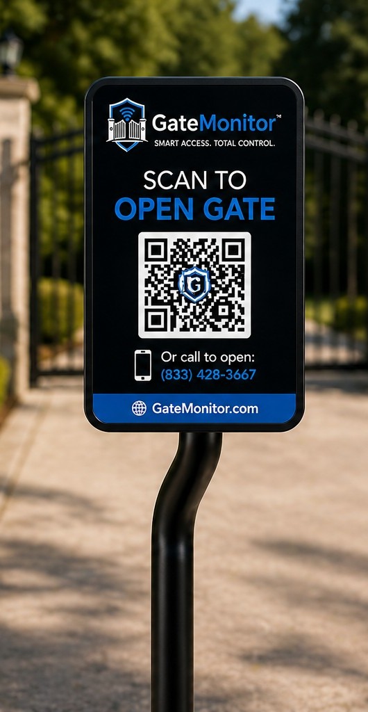 GateMonitor wall plate sign: aluminum Scan to Enter panel close-up showing QR code