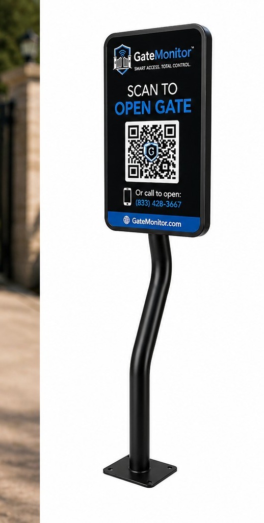 GateMonitor gooseneck stand: angled steel post with a Scan to Enter sign tilted toward an arriving driver