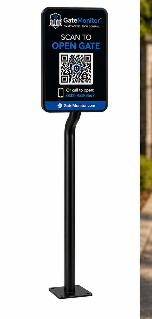 GateMonitor straight stand: tall steel post with a Scan to Enter aluminum sign mounted upright