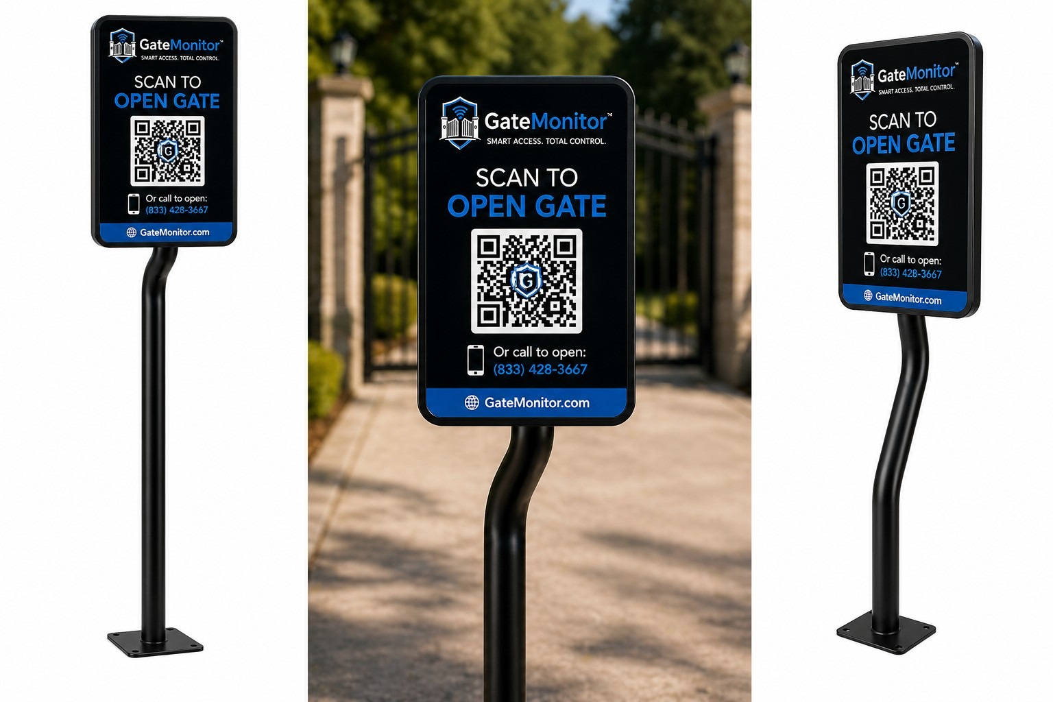 Three GateMonitor QR mount options side by side: straight stand, wall plate close-up, and gooseneck stand
