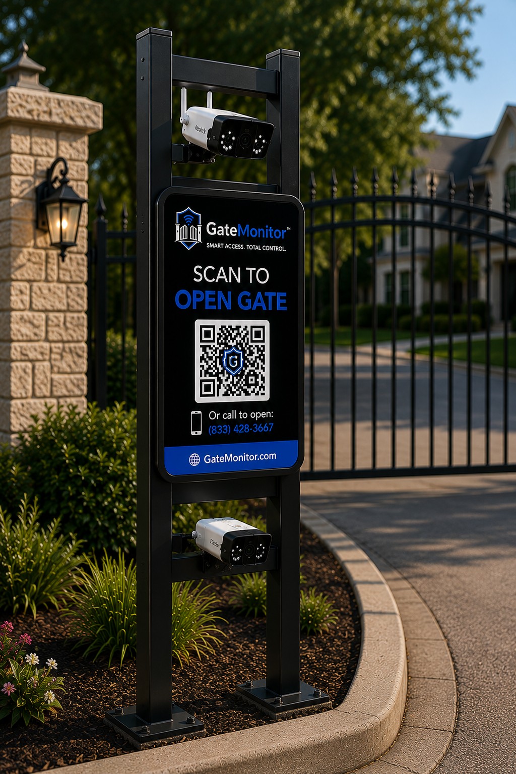 GateMonitor SmartPath + LPR stand close-up showing dual cameras and QR sign at a residential gate
