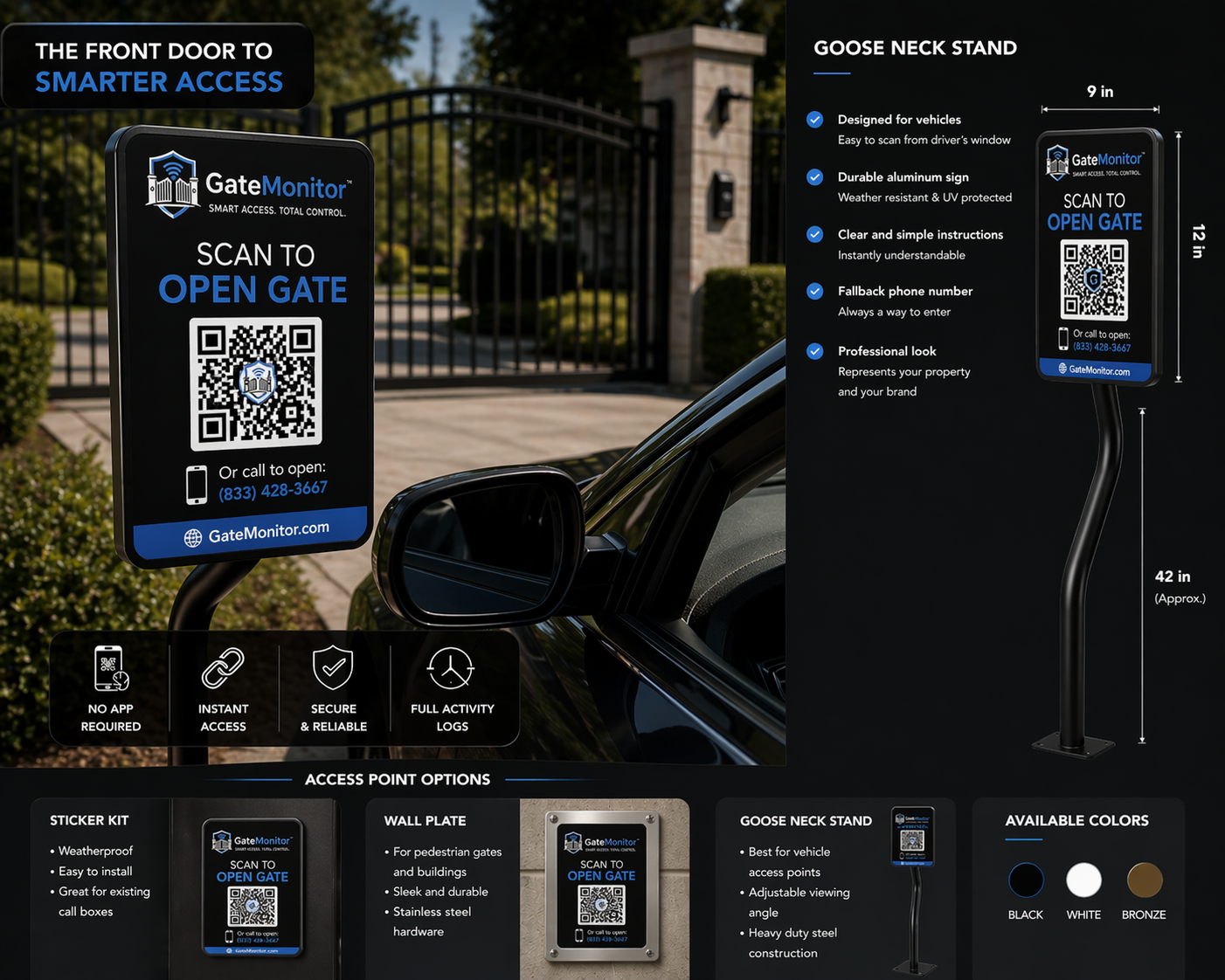 GateMonitor gooseneck stand with feature callouts, dimensions, and access point options